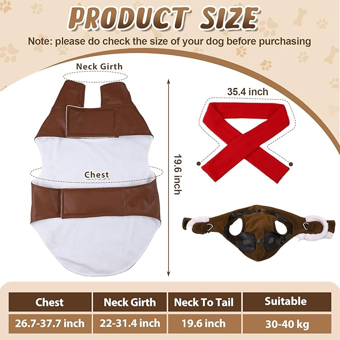 3 Pcs Dog Pilot Costume Set Halloween Dog Costume Aviator Pet Leather Jacket, Pilot's Hat with Goggles and Scarf Set Funny Cosplay Outfit for Extra Large Pet