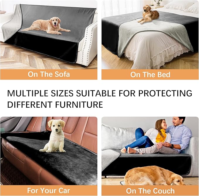 Waterproof Blanket for Bed Protection, Washable Dog Blankets for Couch, Soft Reversible Pet Throw Furniture Protector Cover for Sofa-82"x108",Black+Lightgrey