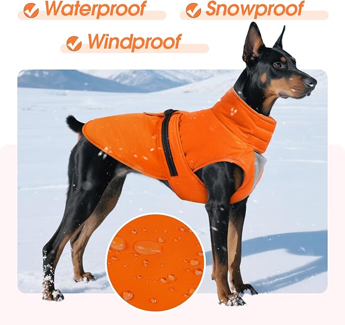 Large Dog Coat, Warm Dog Winter Jacket, Waterproof Dogs Snowsuit With Foldable High Collar, Reflective Strips, Leash Hole, And Adjustable Hook & Loop Closure - Ideal For Cold Weather - Orange L