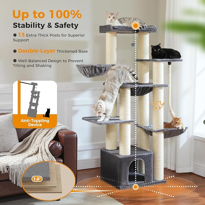 Heavy Duty Cat Tree for Maine Coon – 67" Tall Cat Tower with 13 Thick (φ4.3) Scratching Posts, XXL Cat Condo with Super Large Perch & Cozy Hammocks, Engineered for Big Cats (20+ lbs) - Gray