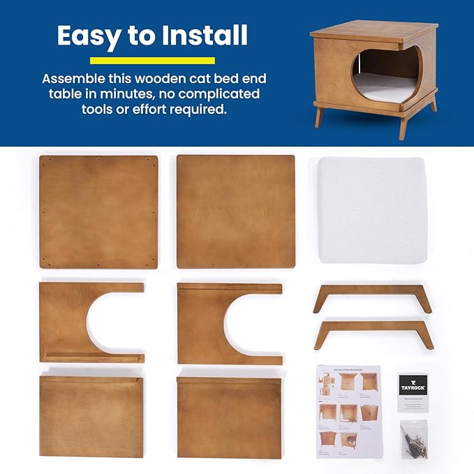 Wooden Cat Bed End Table – 15.7"x15.3"x15.7" Modern Cat Furniture for Bedroom & Living Room – Nightstand Pet House with Removable Cushion – Cat Hideaway Side Table with Natural Wood Finish