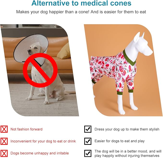 LovinPet Dog Pjs - Medium Dog Anxiety Relief Pajamas, Anti-Licking Recovery Onesie, White Pink Floral Print, Large