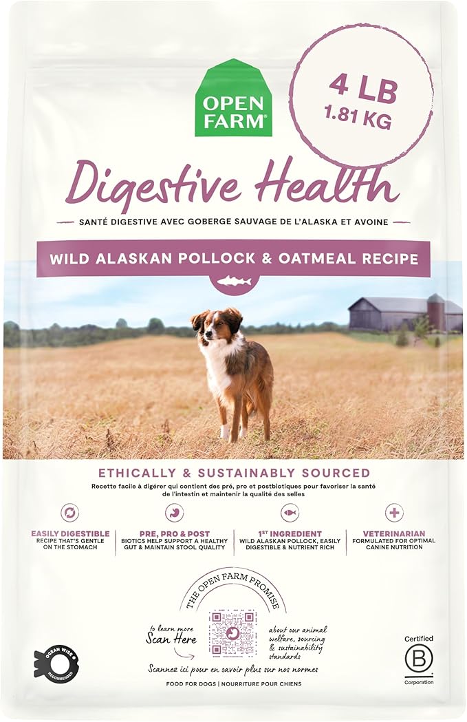 Open Farm, Digestive Health Dog Food, Veterinarian Formulated Easily Digestible Formula with Probiotics for Dogs, Wild-Alaskan Pollock & Oatmeal Recipe, 4lb Bag