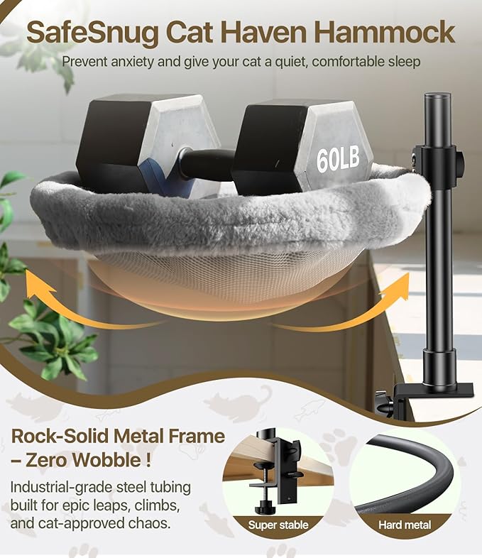Cat Desk Bed, Cat Hammock for Home Office, 360°Rotating & Adjustable Shelf, Removable Comfortable Soft Pet Nest Bed, Modern Unique Kitten Furniture Attachment for Game Tables, Grey