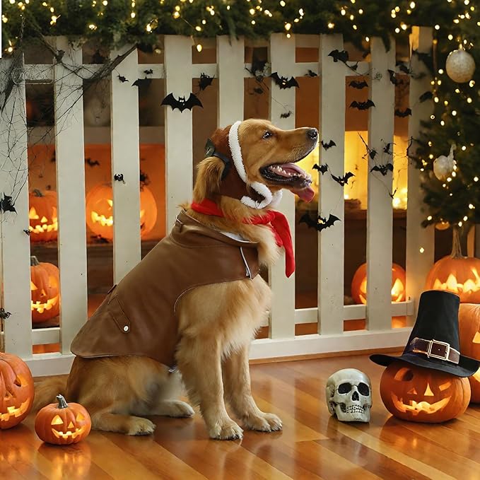 3 Pcs Dog Pilot Costume Set Halloween Dog Costume Aviator Pet Leather Jacket, Pilot's Hat with Goggles and Scarf Set Funny Cosplay Outfit for Extra Large Pet