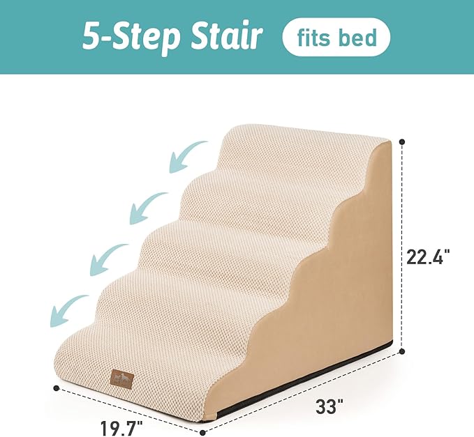 Extra Wide Dog Stairs 19.7" Width, Pet Step for Small Medium/Large Dog, Puppy or Cat, Pet Ramp for High Bed or Car, High Density Foam Ladder, Stable, 5 Step, 19.7x33x22.4 in, Beige