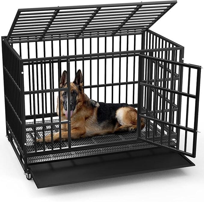 LEMBERI 42 inch Heavy Duty Indestructible Dog Crate, Escape Proof Dog Cage Kennel with Lockable Wheels,High Anxiety Double Door Dog Crate,Extra Large Crate Indoor for Large Dog with Removable Tray