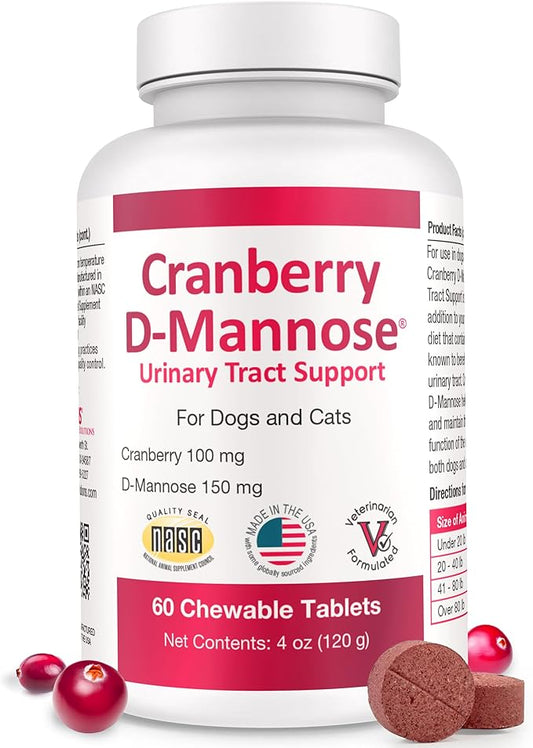 Cranberry D-Mannose Urinary Tract Supplement for Dogs & Cats – Bladder & UTI Health Support – Cranberry Extract, D-Mannose & Vitamin C–Promotes Urinary Wellness & Kidney Function – 60 Chewable Tablets