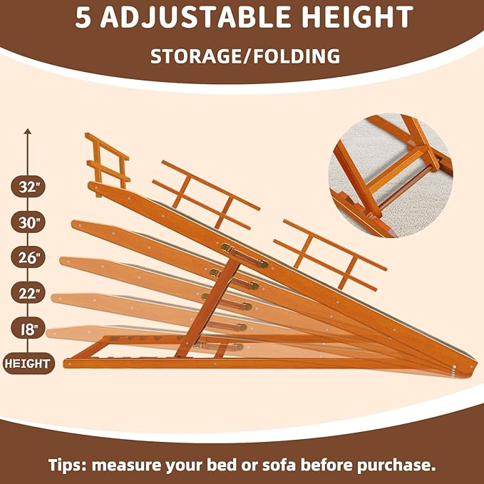 Dog Ramp for High Bed - 65" Length, Supports up to 32" Height,Includes Non-Slip Replaceable Carpet, Safety Rails &Landing Platform,Adjustable Pet Ramp for Large Dogs to Get on Bed - Koa