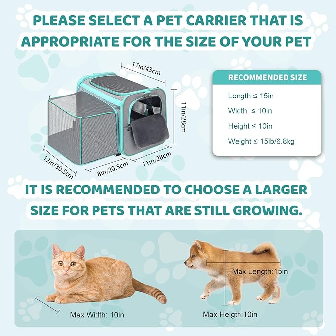 Cat Carrier Fits Small to Medium Pets, Airline Approved Dog Carrier, Outer Collapsible Expandable Soft Sided Pet Carrier for Safety & Convenience, with Comfortable Pads，Waterproof Cat Bag Up to 15lbs