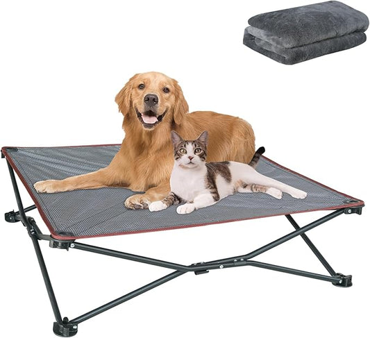 unp Elevated Cooling Dog Bed for Large Dogs - Foldable Dog Cot with Washable Plush Cover - 36 x 36 x 10-inch Breathable Mesh Camping Pet Bed with Outdoor Carrying Bag (Grey, L)