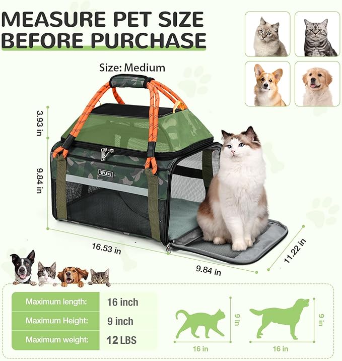 Lekereise Top Expandable Pet Carrier TSA Airline Approved Soft Sided Underseat Up to 12lbs Travel Carriers for Small Cats and Dogs with Convertable Dog Leash and Anti-Scratch Mesh