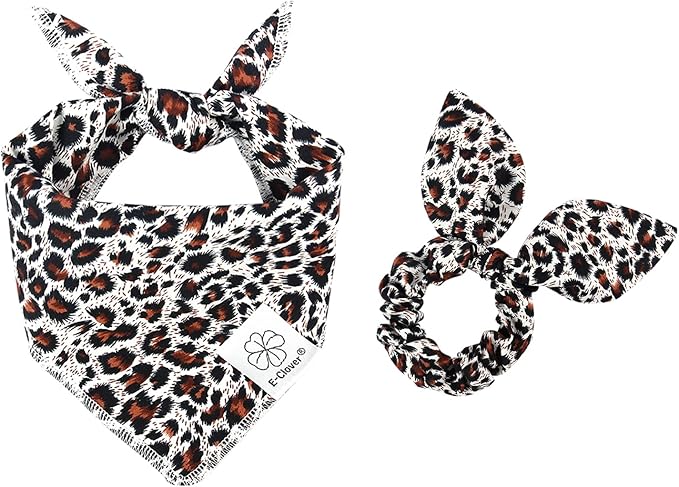 E-Clover Dog Bandanas & Matching Scrunchie Set Leopard Dog Bandana Bibs Washable Kerchief Scarf for Puppy Small Dogs & Owner