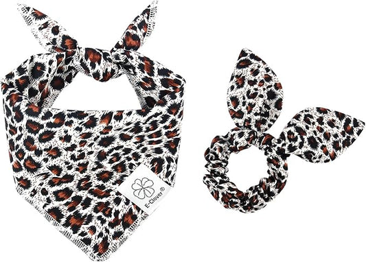 E-Clover Dog Bandanas & Matching Scrunchie Set Leopard Dog Bandana Bibs Washable Kerchief Scarf for Puppy Small Dogs & Owner