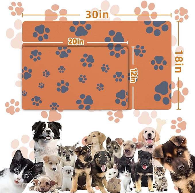 12"×20" Dog Food Mat-Absorbent Dog Mat for Food and Water, No Stains Quick Dry Cat Bowl Mat Non Skid Feeding Mat with Footprints for Messy Drinkers Orange
