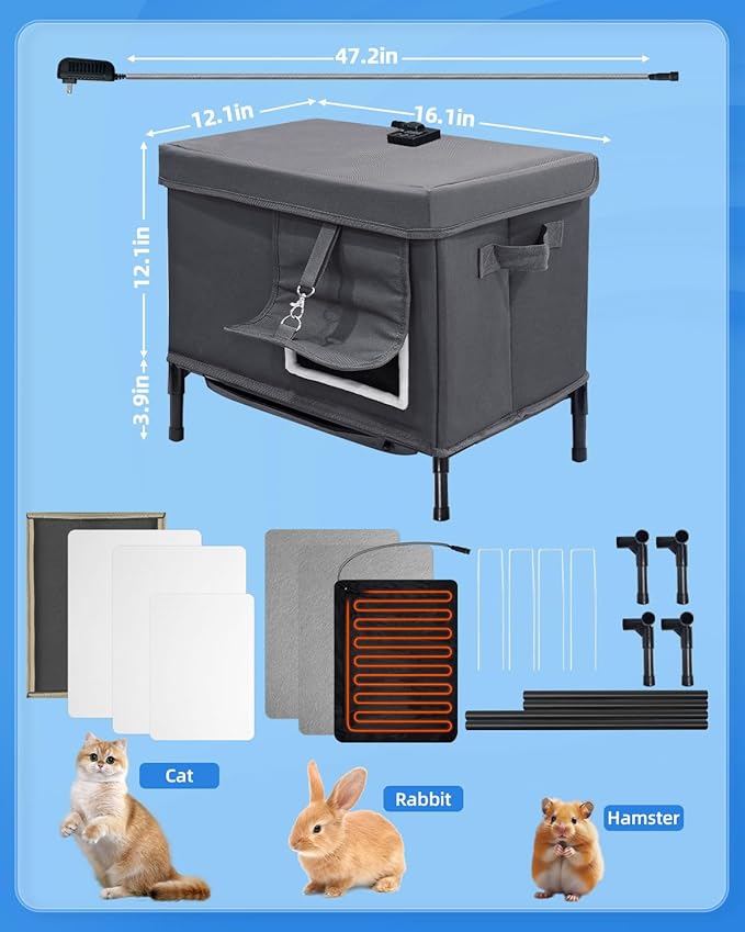 Heated & Cooling House - Weatherproof Feral Cat Shelter with Fan & Heated Mat - Dual Use Cat Bed with Timer & Adjustable Temperature Heater Pad Suit for All Seasons