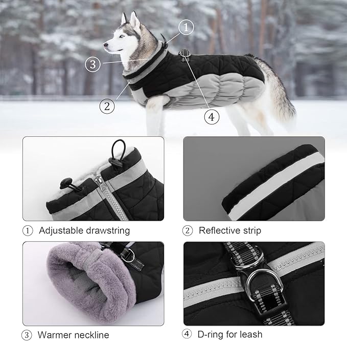 Lelepet Dog Coat Warm Dog Winter Coat Waterproof Dogs Jacket with Harness Built in Reflective Pet Fleece Vest Zip-Up Cold Weather Coats for Large Dogs Turtleneck & Windproof Coats Boxer Black XL