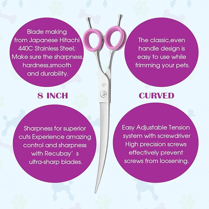 Dog Grooming Scissors, 8.0" Shears, Curved Scissors for Pet Hair Trimming. Matte Deluxe Dog Shears