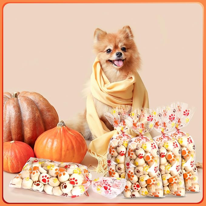 Blulu 100 Pieces Dog Treat Bags Puppy Party Favor Pet Paw Cone Cellophane Bags Candy Heat SealableDog Paw Gift with 100 Pieces Silver Twist Ties for Pet Cat Treat Party Favor(Orange, Brown, Yellow)