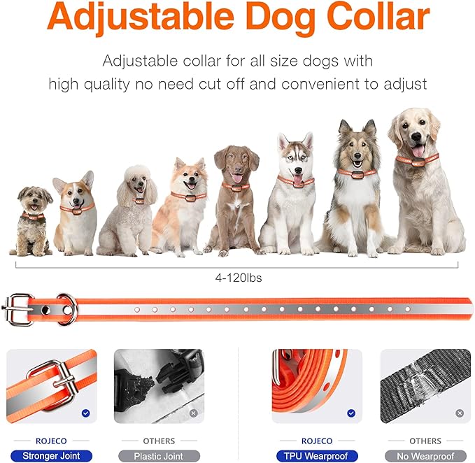 ROJECO Dog Shock Collar for 2 Dogs with 3300FT Remote，IPX7 Waterproof Rechargeable Shock Collar for Large Medium Small 2 Dogs for 4 to 120 lbs，3 Safe Training Modes with Beep，Vibration and Shock