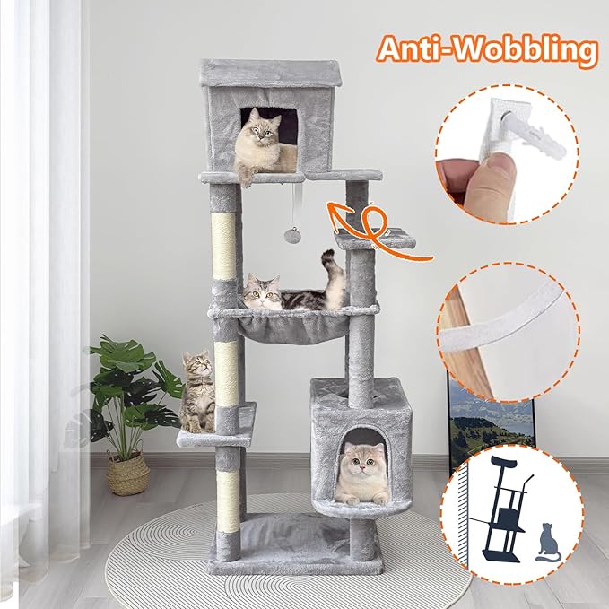 Tall Cat Tree 63 in, Multilevel Cat Tower for Adult Cats, Climbing Tree House and Towers with Condo Hammock Scratching Post Wide Base (Light Gray, 63 in)