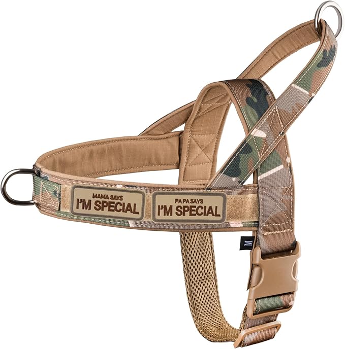 No Pull Dog Harness for Small Medium Large Sized Dogs, Escape Proof Adjustable Dog Harnesses with 2 Patch, Green Camo, XL
