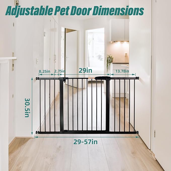 29-57" Dog Gates for Doorways No Drilling, Pet Gate Indoor, 30" Tall Metal Walk-Thru Gate, Easy One-Hand Open, Extensions & Wall Mounts Included (Brown, 57" W x 30.5“H)