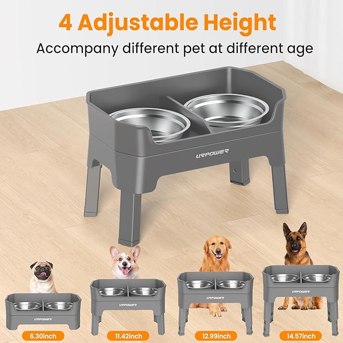 URPOWER 3-in-1 Elevated Dog Bowls - Mess Proof Double Deck 4 Height Adjustable Raised Stand with 2 Stainless Steel Food Bowls & Licking Plate for Small, Medium & Large Dogs