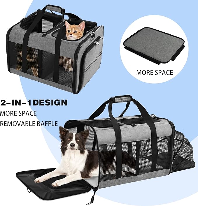 Portable 2-in-1 Pet Carrier,Double Compartment Cat & Dog Carrier for 2 Cats,Expandable Medium Dogs Large Cat Carrier with Sturdy Base,Breathable,Good for Traveling Walking Camping（Grey）