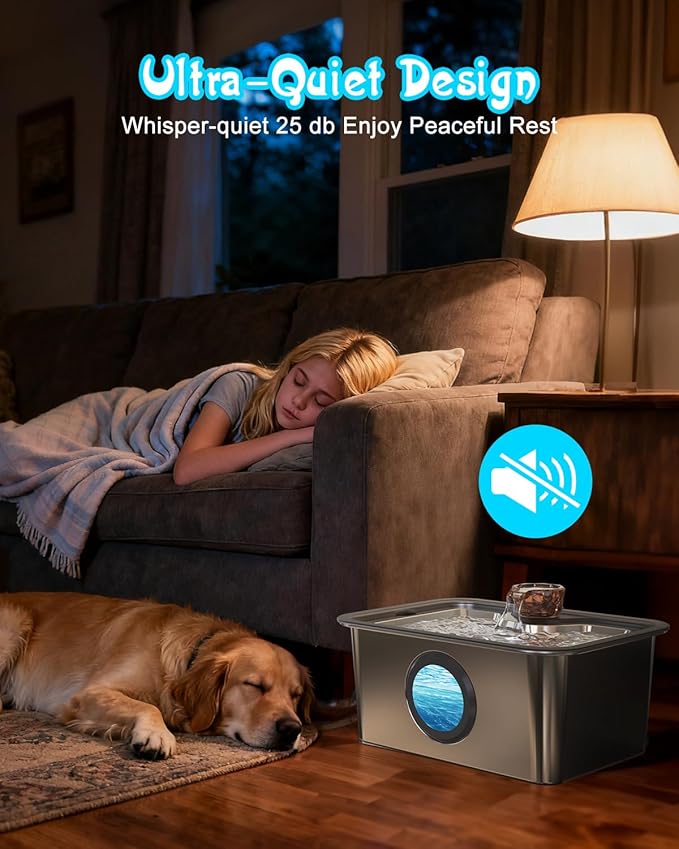 12L/3gal Stainless Steel Large Dog Water Fountain for Large Dog, Electric Pet Water Dispenser with Water Level Window&LED, Cat and Dog Fountain Water Bowl for Multi-Pet Home,Super Quiet