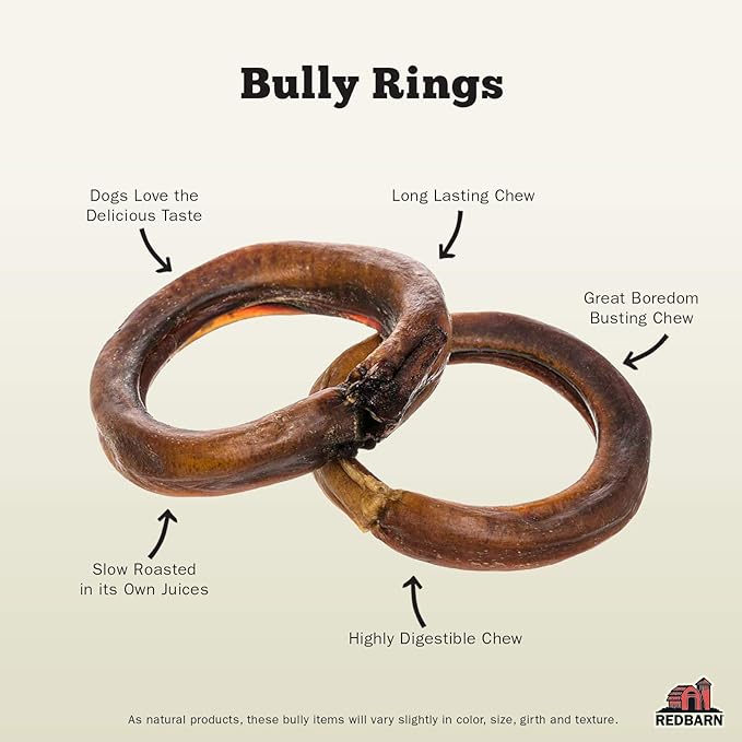 Redbarn Pet Products All-Natural Bully Stick Rings for Dogs - Long Lasting Rawhide Chew Treat - Case of 35