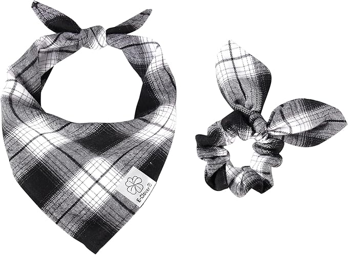 E-Clover Dog Bandanas & Matching Scrunchie Set Boy Plaid Dog Scarf Triangle Bandana Bibs for Medium Large Dog Owner Birthday Gifts Black White