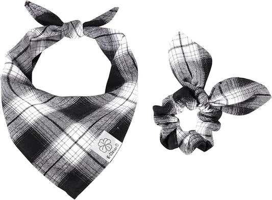E-Clover Dog Bandanas & Matching Scrunchie Set Boy Plaid Dog Scarf Triangle Bandana Bibs for Medium Large Dog Owner Birthday Gifts Black White