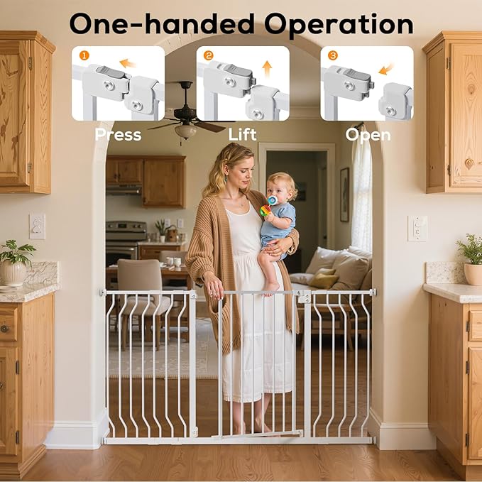 29-62" Baby Gate for Stairs, Baby Safety Essentials, Auto Close Gate for Doorways, Easy Install Pressure Mounted Dog Gate Indoor, Pet Gates for Dogs, White