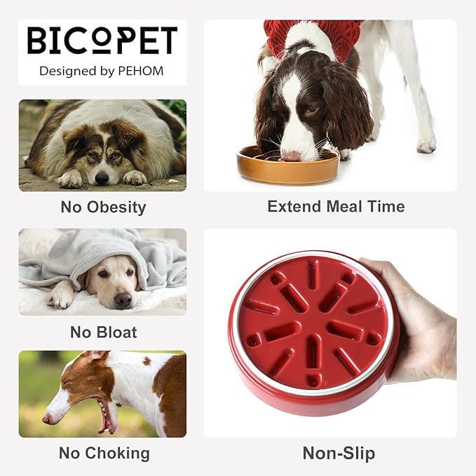Ceramic Maze Dog Slow Feeder with Non-Slip Silicone Rim (& Bamboo Stand) – Heavy-Duty Stoneware Bowl with Puzzle Pattern for Bloating & Obesity Prevention (Raised-Red-S)