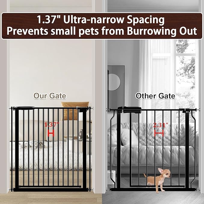 DEARBB Extra Wide Baby Gate Ultra Narrow Spacing 30.11-73.42" Pressure Mounted Double Lock Swing Auto Close Walk Through Metal Safety Pet Gate for Stairs and House Doorway Kitchen,Black 61.61-65.55"