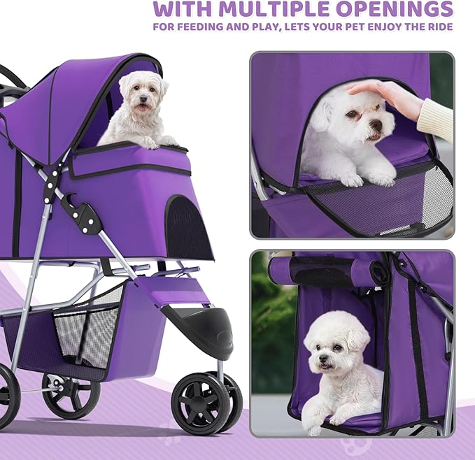 Magshion 3-Wheel Pet Stroller, Foldable Travel Jogger for Small & Medium Dogs & Cats (Up to 33lbs), Lightweight Carrier with Breathable Mesh Cover, Cup Holder & Storage Basket, Purple