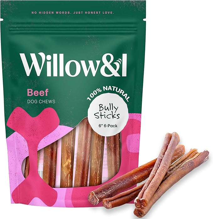 Willow & I Bully Sticks for Dogs -6 Inch Natural Bully Sticks for Medium Dogs, Small & Large- Premium 100% Grass Fed, Single Ingredient, Long Lasting, High Protein-Grain & Rawhide Free (6", 6 Pack)