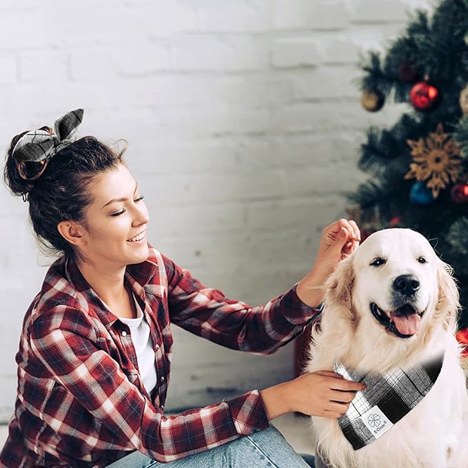 E-Clover Dog Bandanas & Matching Scrunchie Set Boy Plaid Dog Scarf Triangle Bandana Bibs for Medium Large Dog Owner Birthday Gifts Black White