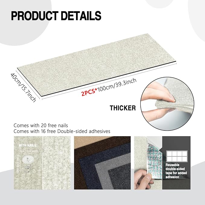 2Pack Total 78.7"x15.8" Cat Scratch Mat for Cat Couch Furniture and Wall Protector | Trimmable Self-Adhesive Carpet Climb Cat Scratcher for Covering Cat Tower and Replacement Pads (Off White)