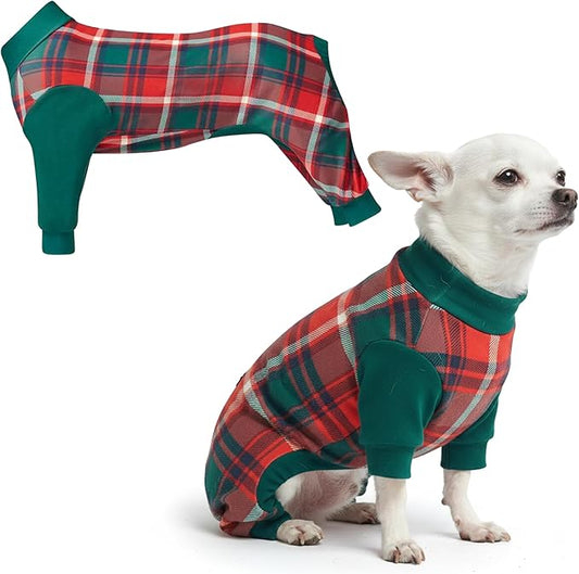 Spark Paws Dog Christmas Pajama, Dog Recovery Suit Male, Onesie, Ultra-Soft and 4-Way Stretch, for Small Medium and Large Breeds - Green and Red Plaid - S