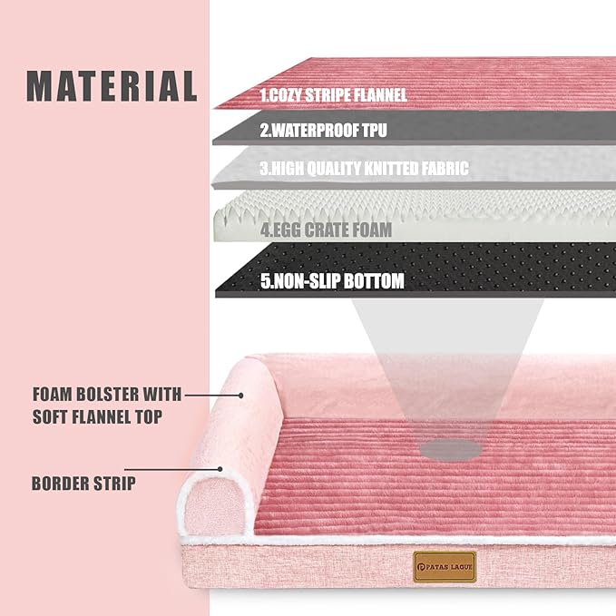 Patas Lague Orthopedic Jumbo Dog Bed Large Sized Dog 56''X40'', Waterproof Comfortable L Bolster Jumbo Non-Slip Soft Warm Pet Crate Bed Sleep Sofa mat with Removable Washable Cover, Pink