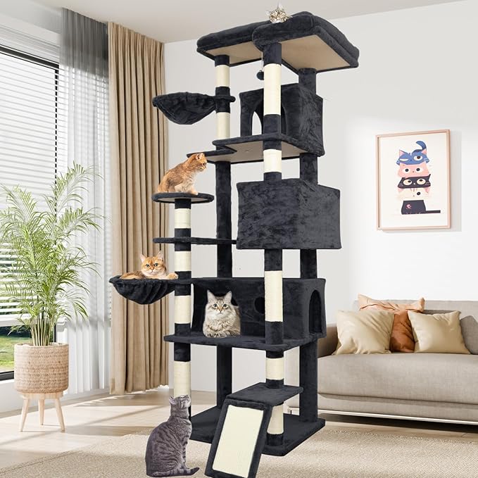 84.6in Cat Tree, Patent Fabric Multilevel Cat Tower for Adult Cats, Climbing Tree House and Towers with Condo Hammock Scratching Post Large Platform Wide Base (Dark Gray, 84 in)