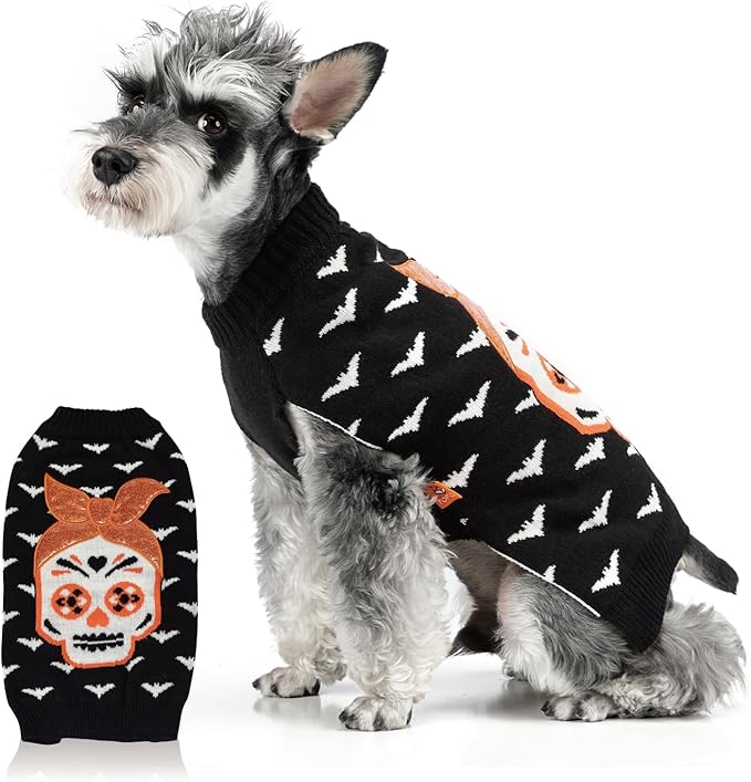 FOFOS Halloween Dog Sweater Skeleton, Acrylic Knit Dog Pullover Lightweight Dogs Halloween Clothes for Small Medium Puppies, Black, XS