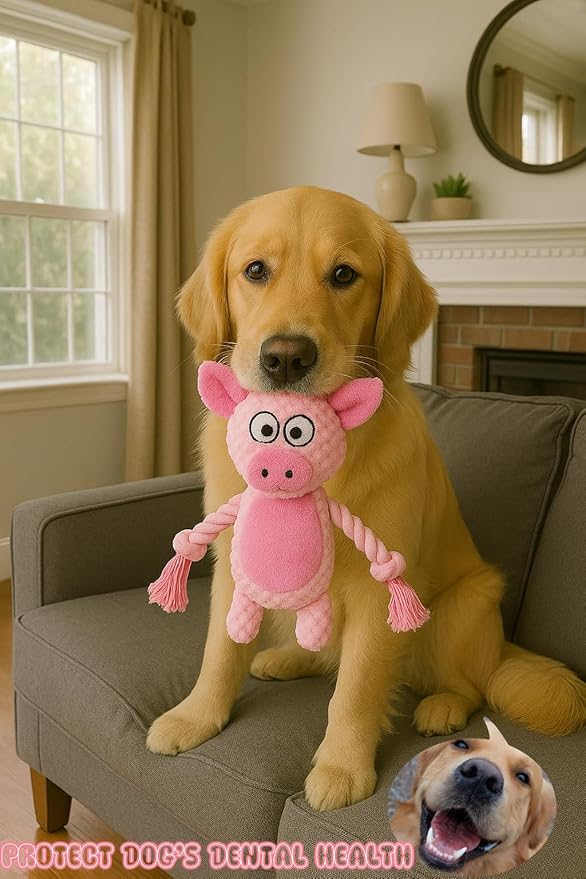 Cotton Rope Squeaky Dog Toy with Crinkle Paper – Interactive Plush Chew Toy for Small & Medium Puppies, Pig Design