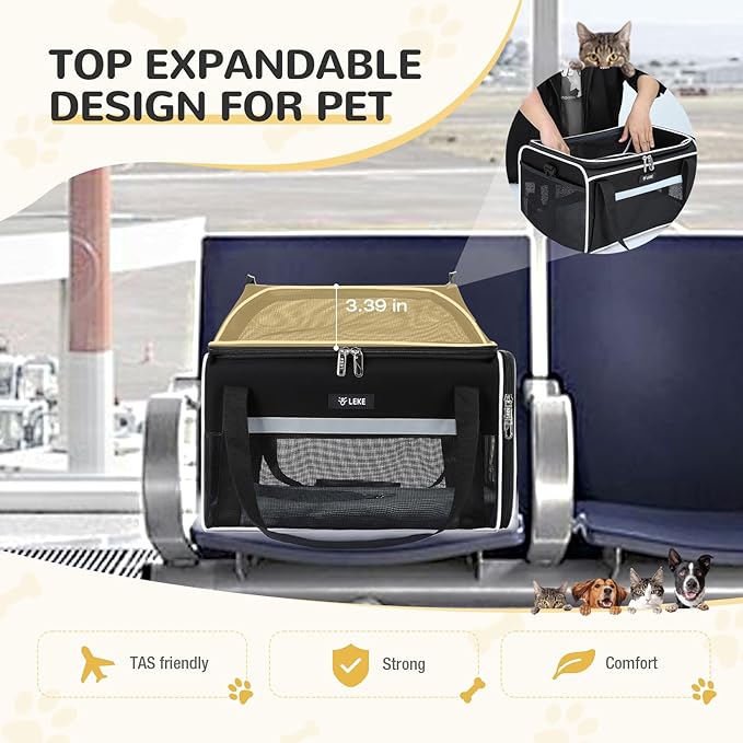 Lekereise Top-Expandable Pet Carrier - TSA Airline Approved Soft Sided Underseat Up to 12lbs Travel Carriers for Small Cats and Dogs with Locking Safety Zippers Anti-Scratch Mesh Black