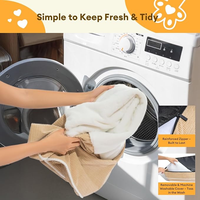 FUNNY FUZZY Orthopedic Dog Bed – Washable Dog Bed with Double Layer Plush Cushion Sofa Style Design with Bolstered Sides for Small Medium & Large Dogs Removable Cover XL Size (39.3"x26.7"x7.8") Beige