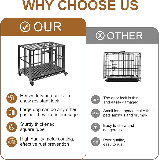 Polar Aurora Heavy Duty Dog Crate, Foldable Indestructible Dog Kennel, Escape Proof Extra Large Dog Cage with Lockable Wheels, High Anxiety Pet Playpen with Double Door for Indoor/Outdoor Use. (43in)