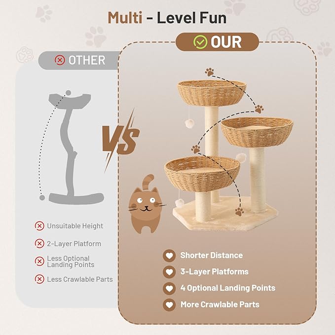 Rattan Cat Tree House with Scratching Post,Wicker Basket,Bed,and Stand Modern Cat Climbing Tower Condo for Indoor Large Adult Cat