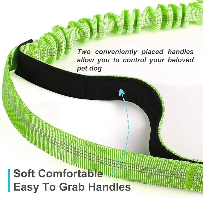 Hands Free Dog Leash, Adjustable Waist Leash for Dog Walking, Dual Bungee Dog 4.2-6.7 Feet Long with Reflective Stitches for Walking Hiking Running, Fits 26"- 43" Inch Waist, Green